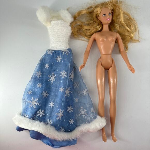 Barbie Doll in Blue Snowflake Winter Gown with White Fur Trim - Picture 7 of 10